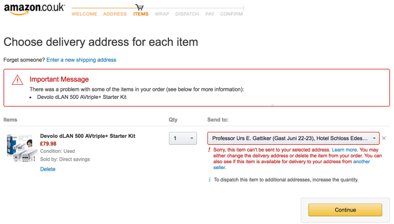 Devolo = Hersteller DE. Der auf Amazon verkaufende UK Händler kann laut Distributionsvertrag das Produkt nicht nach DE verkaufen.