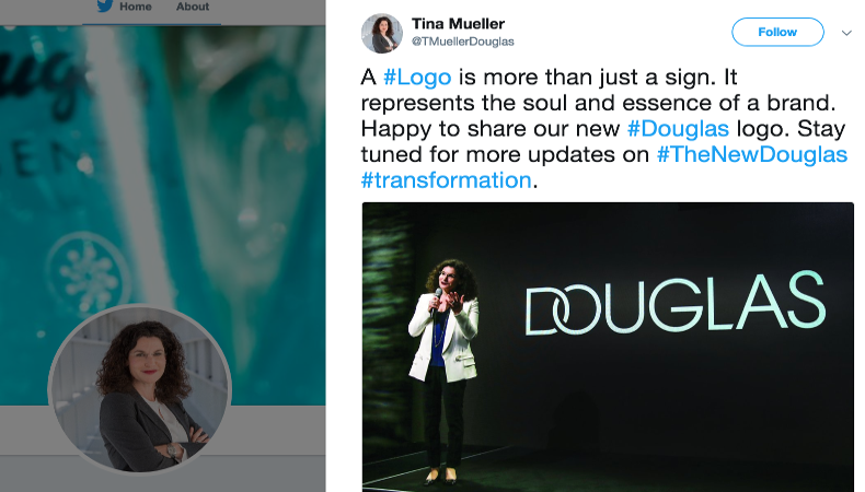 Tina Müller meint das neue #Douglas #TheNewDouglas Logo repräsentiert die Seele und die Essenz der Marke.