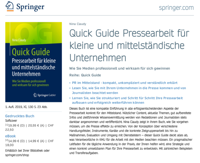 Nina Claudy Autorin - Kurzbeschrieb des Buches - Quick Guide: Pressearbeit für kleine und mittelstaendische Unternehmen - beim Springer Verlag.